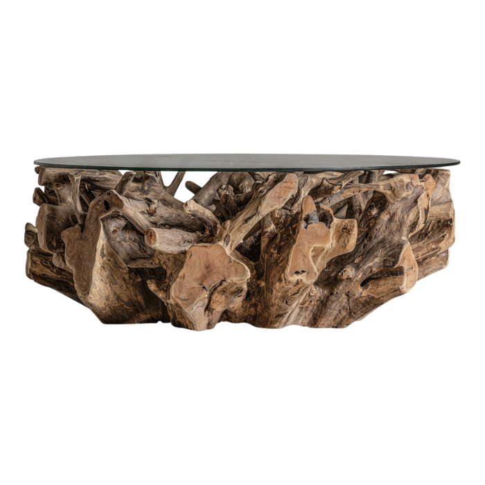 Tavolino cristallo base teak