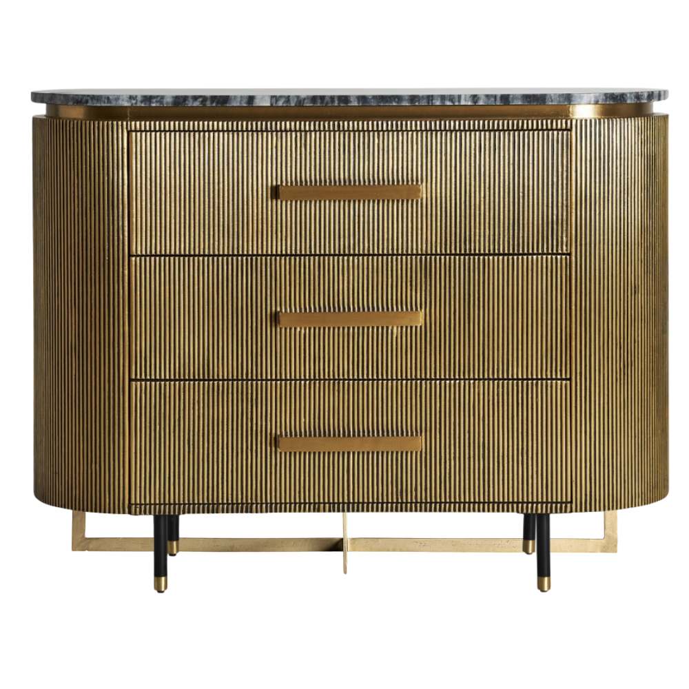 Cassettiera Art Déco dorata ferro e marmo