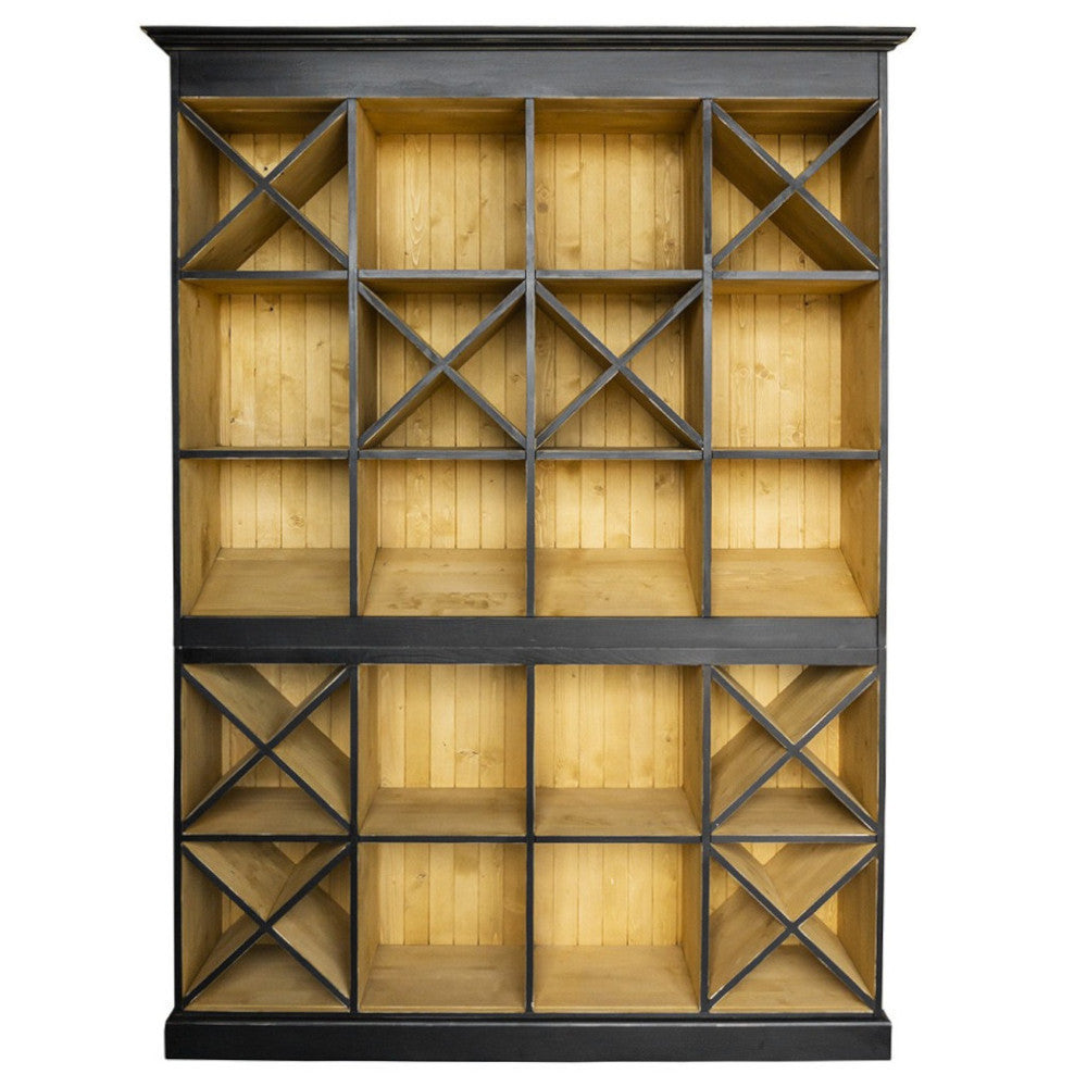 Espositore vini bistrot in legno di abete con armadietti e cornice.