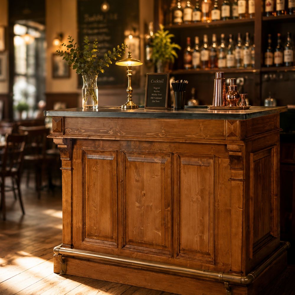 Bancone bar classico in legno massiccio con top zinco