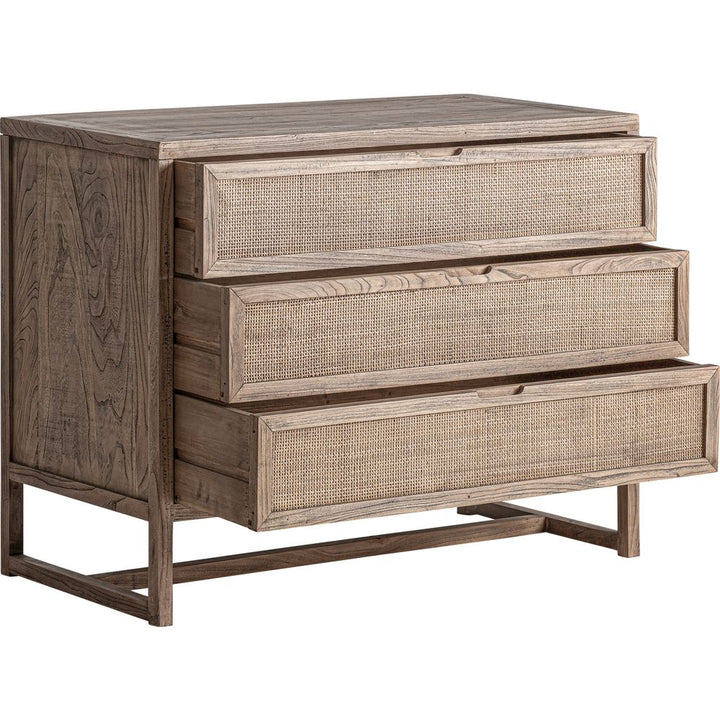 Mobile contenitore in olmo marrone con texture in rattan