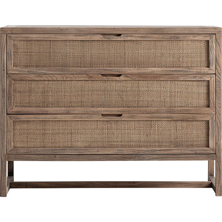 Cassettiera lusso in legno di olmo e rattan naturale