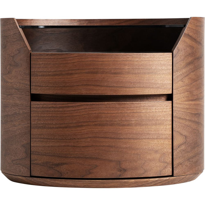 Comodino di design contemporaneo con due cassetti e vano a giorno