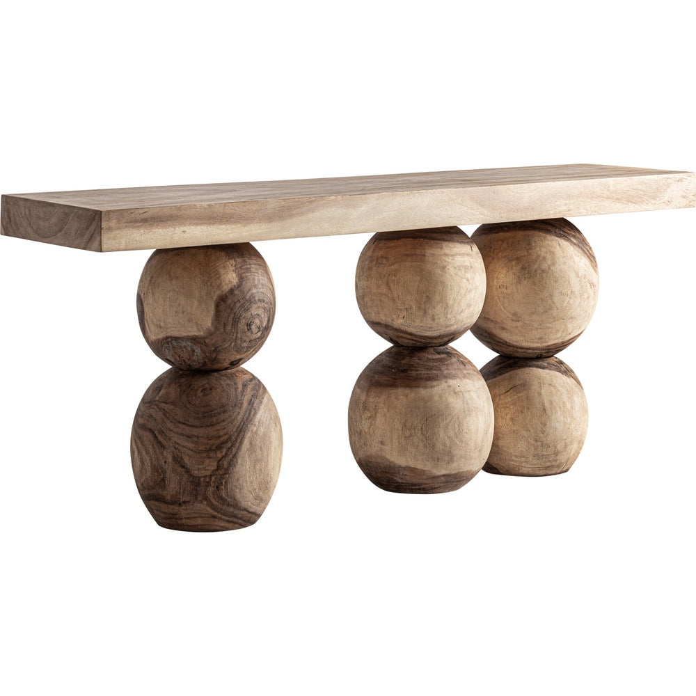 Consolle Mediterranean Luxury in legno di suar con basi sferiche scultoree.