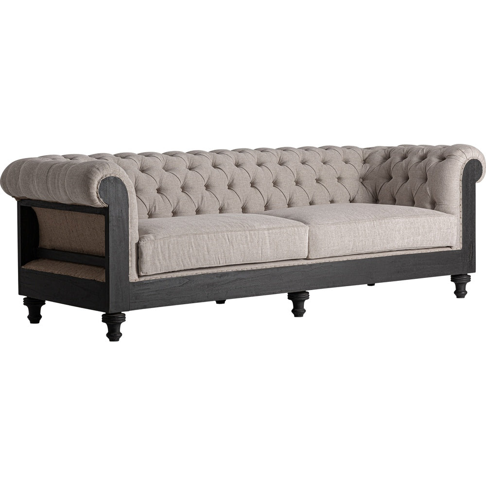 Divano Colonial Luxury Chesterfield in lino beige e legno nero