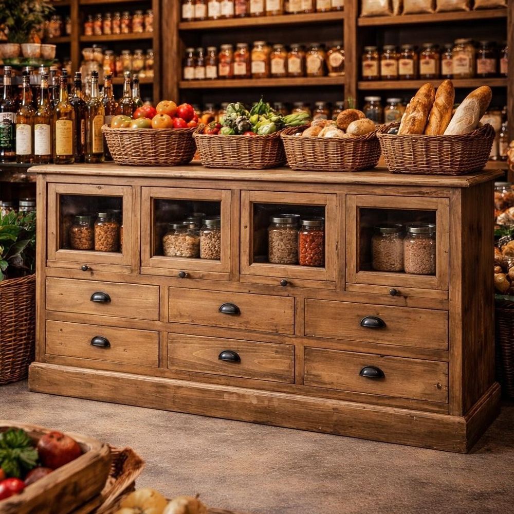 Credenza espositore country in pino riciclato con vetrine