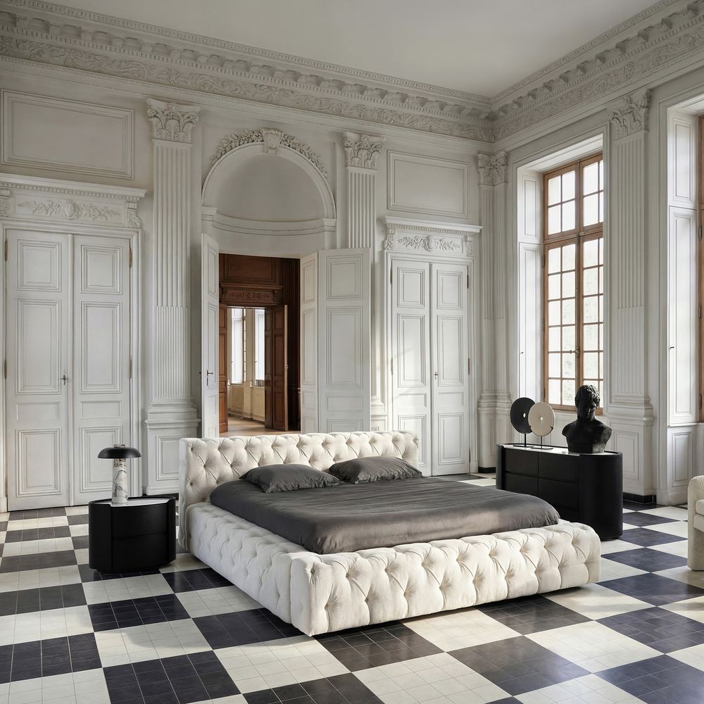 Letto matrimoniale design tessuto beige