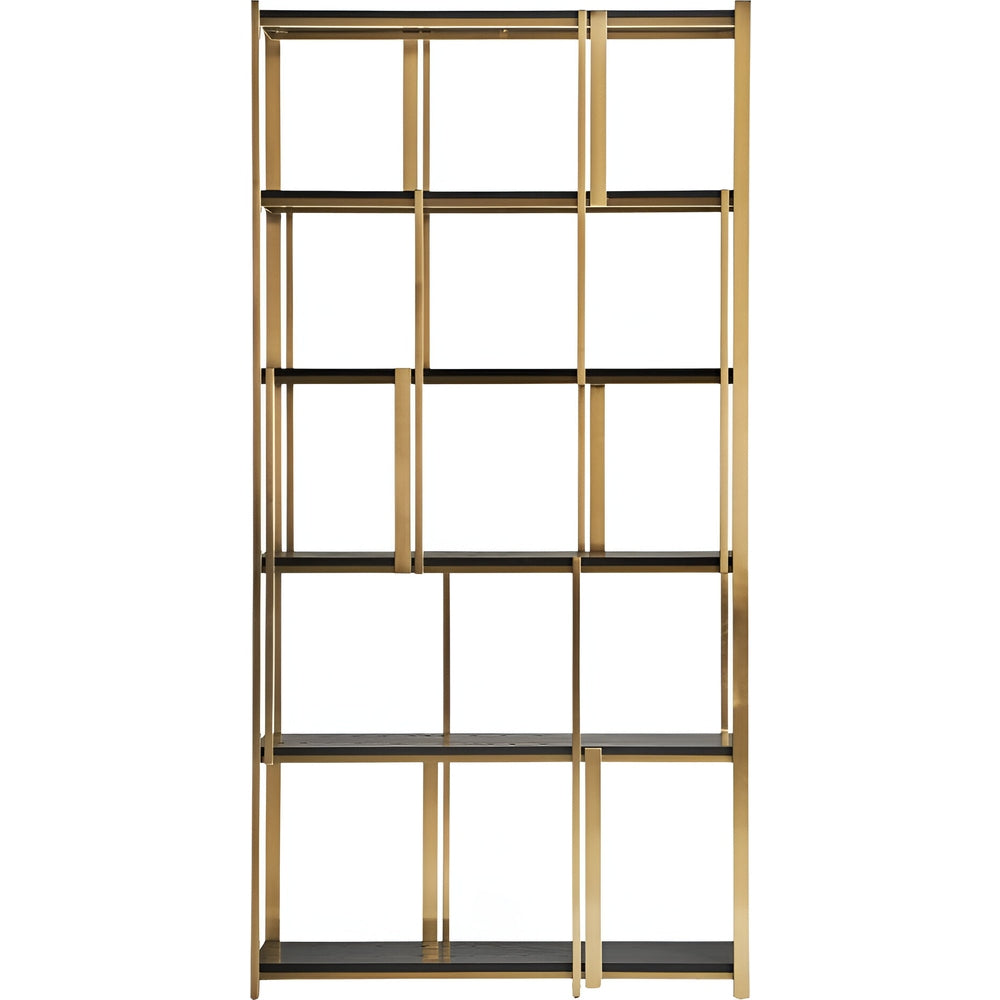 Libreria art decò in acciaio dorato e legno di quercia nera.