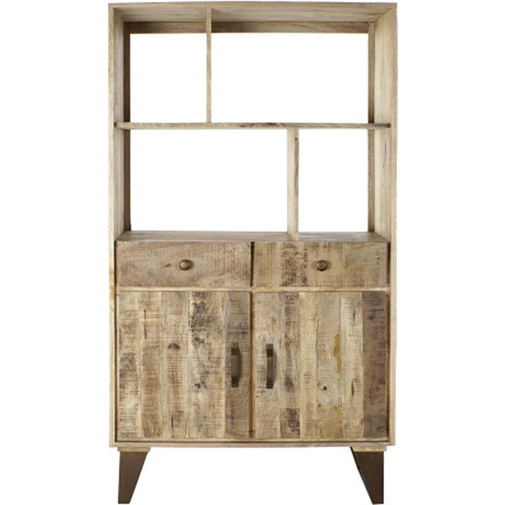 Libreria rustica in legno massiccio di mango con dettagli in metallo.