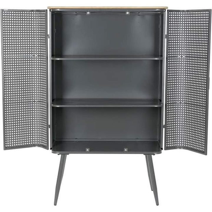 Credenza libreria vintage nera in metallo e legno naturale.