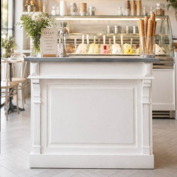 Bancone Cassa Gelateria Bianco con Top in Pietra