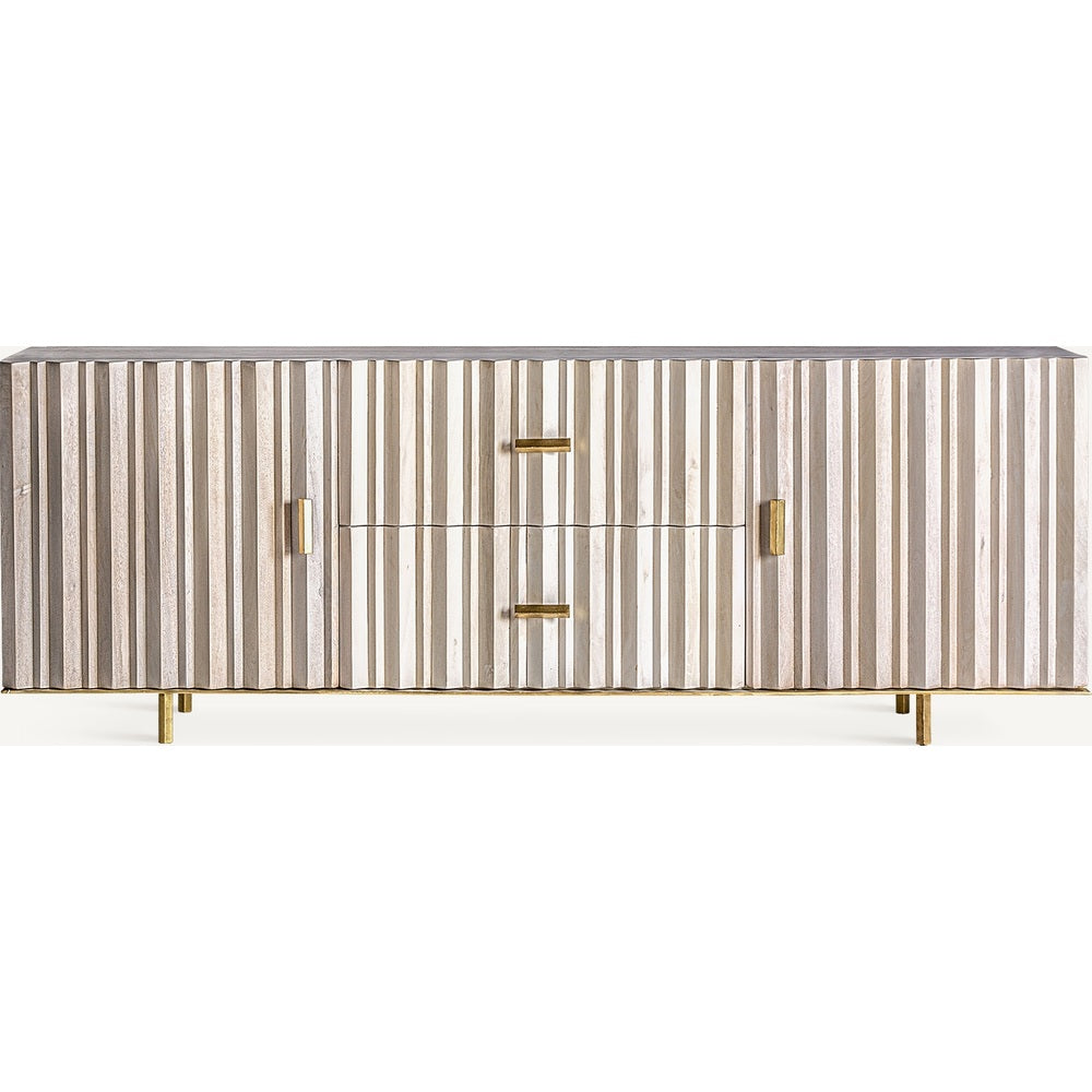 Mobile porta TV Art Déco in legno di mango crema e ferro dorato artigianale