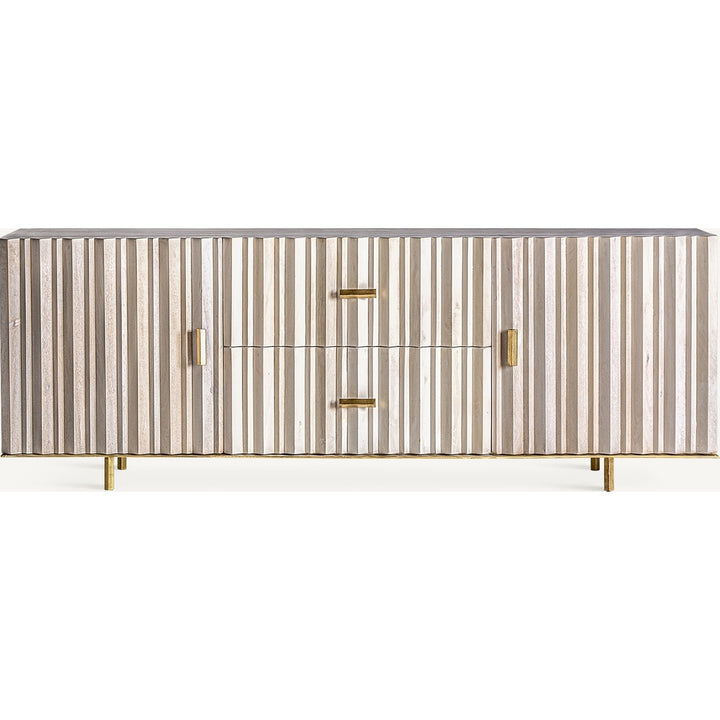 Mobile porta TV Art Déco in legno di mango crema e ferro dorato artigianale