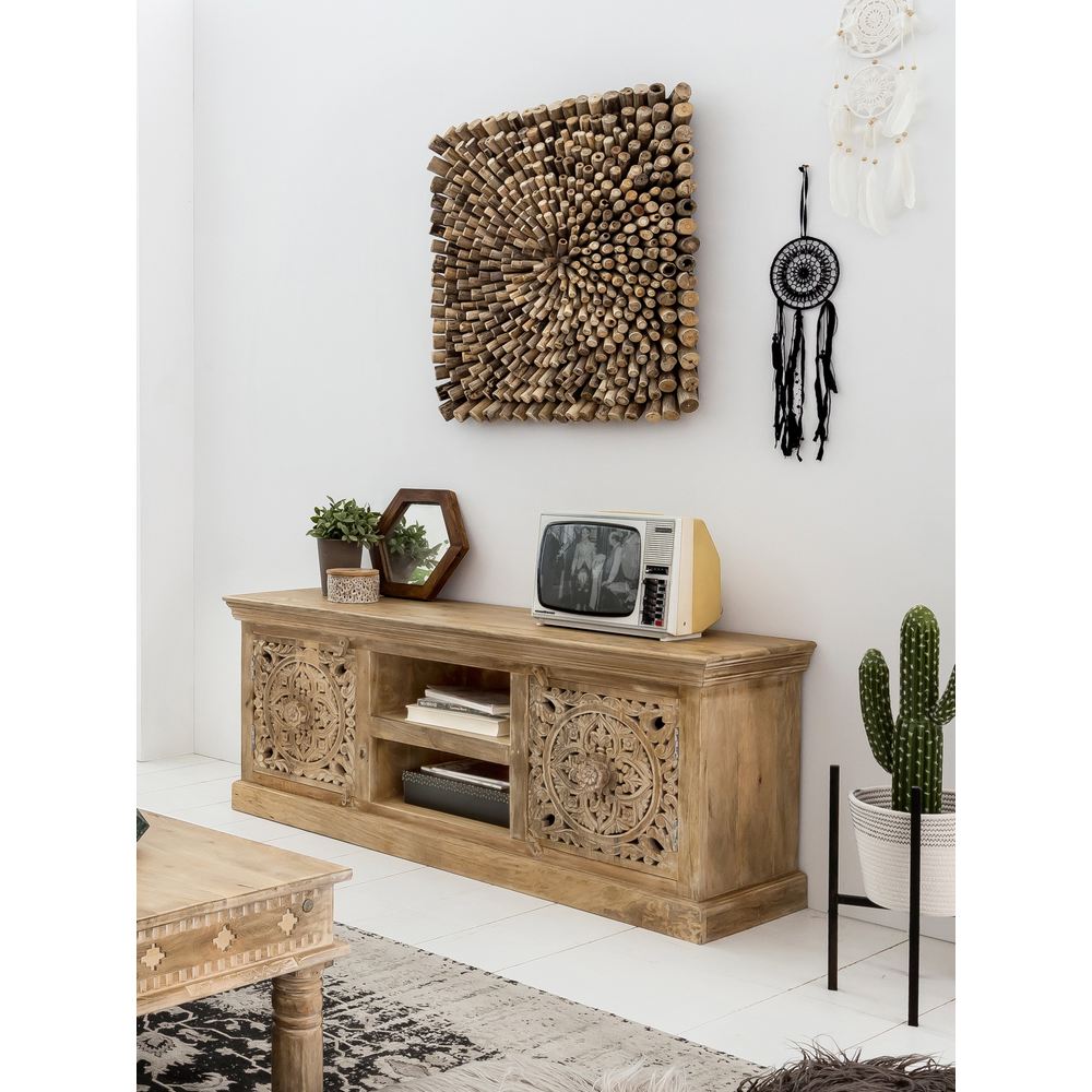 Porta tv orientale intagliato decapato