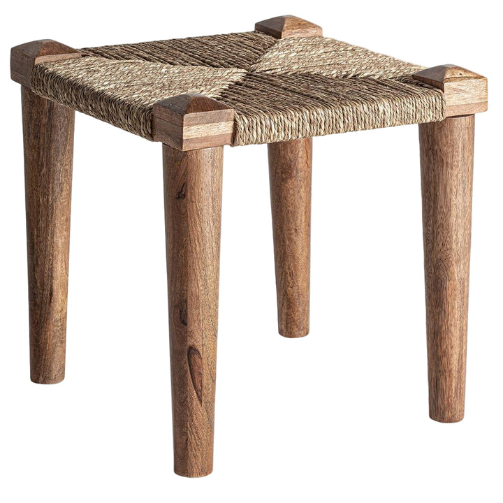 Panchetta boho chic in legno e fibra naturale per ambienti etnici