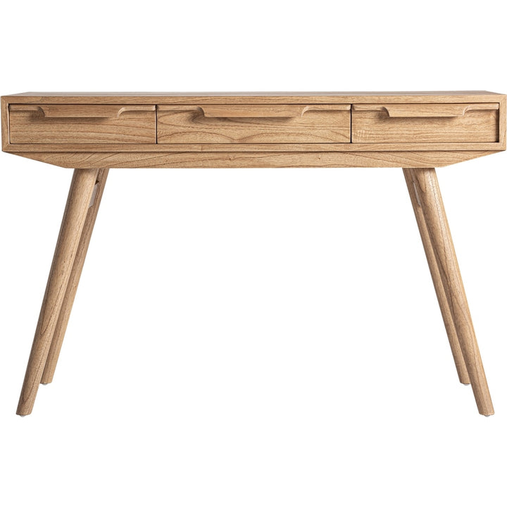 Scrittoio vintage in legno naturale di mindi con cassetti