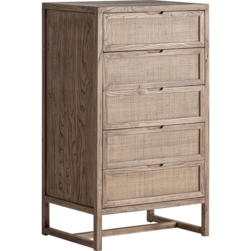 Cassettiera alta in legno di olmo e rattan naturale