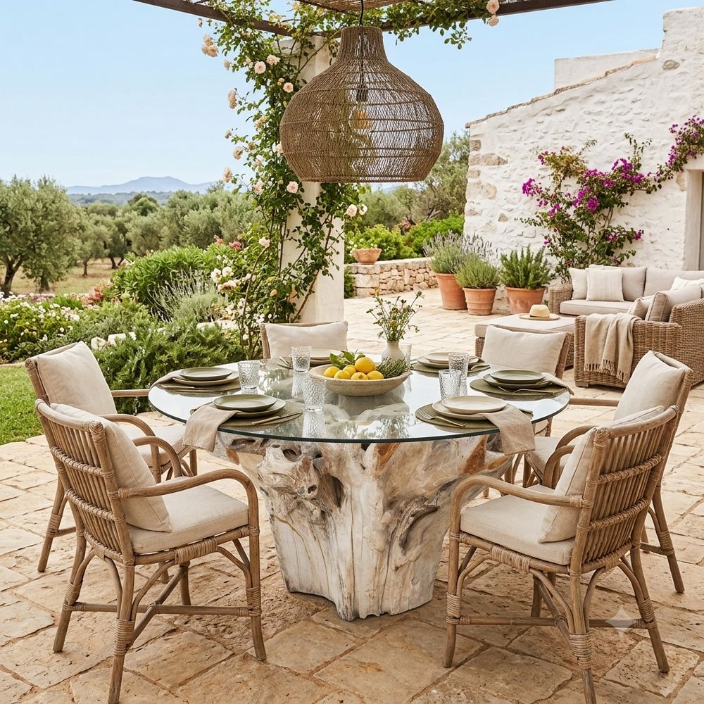 Tavolo da pranzo in radice di teak sbiancata con piano in cristallo stile Mediterranean Luxury