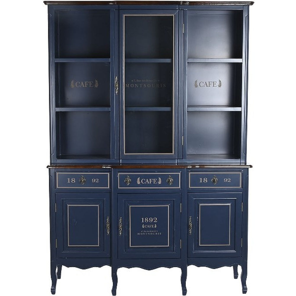 Vetrina bistrot caffè parigino in legno di Paulownia blu e marrone.