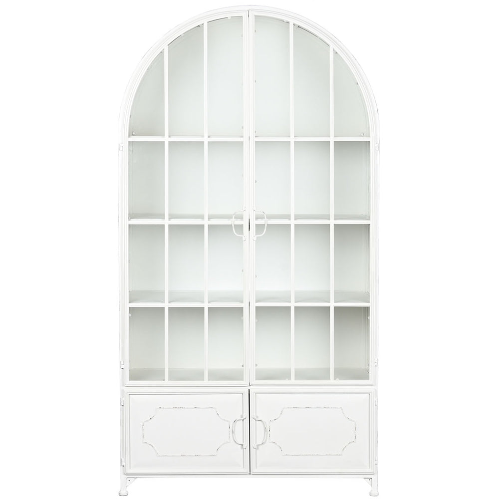 Vetrina industriale decò bianca in metallo e cristallo.